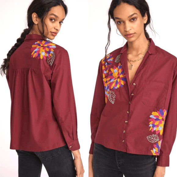 ANTHROPOLOGIE Maeve Embroidered Button-Up Cotton Shirt Wine, Size 6 - Picture 1 of 9